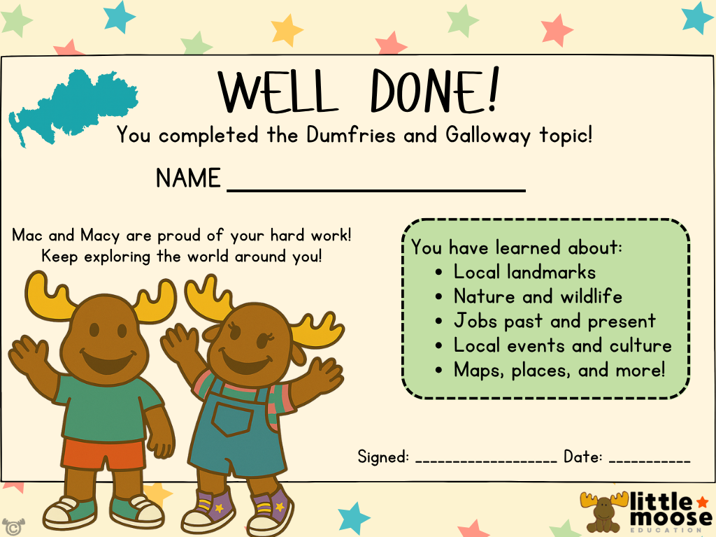 Completion certificate from My Area – Dumfries and Galloway Social Studies pack, First Level