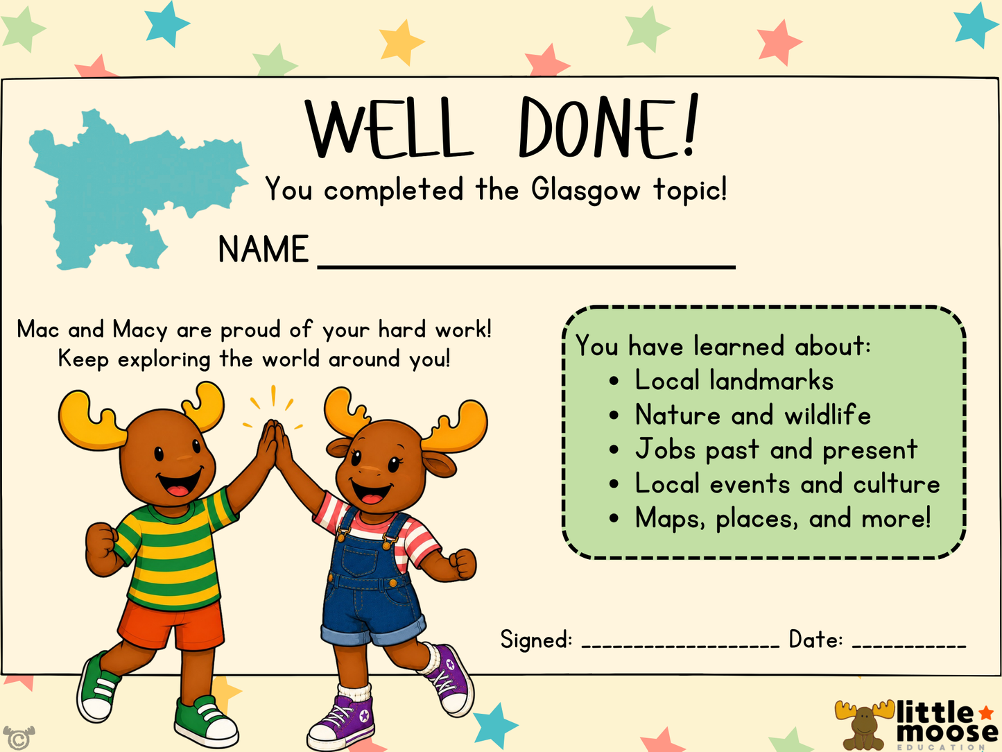 Completion certificate from My Area – Glasgow Social Studies pack, First Level