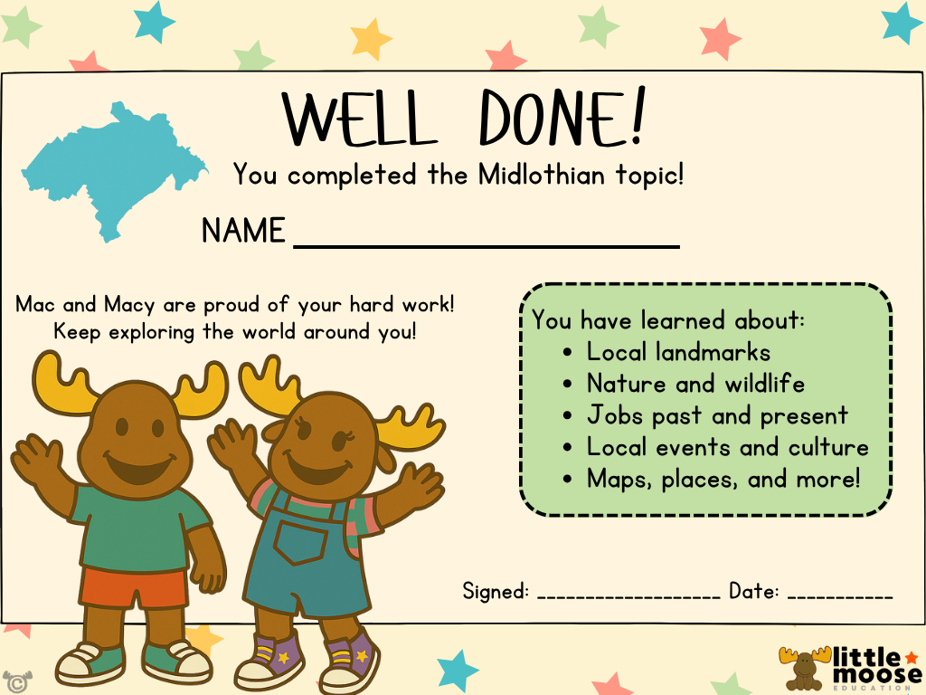 Completion certificate from My Area – North Lanarkshire Social Studies pack, First Level