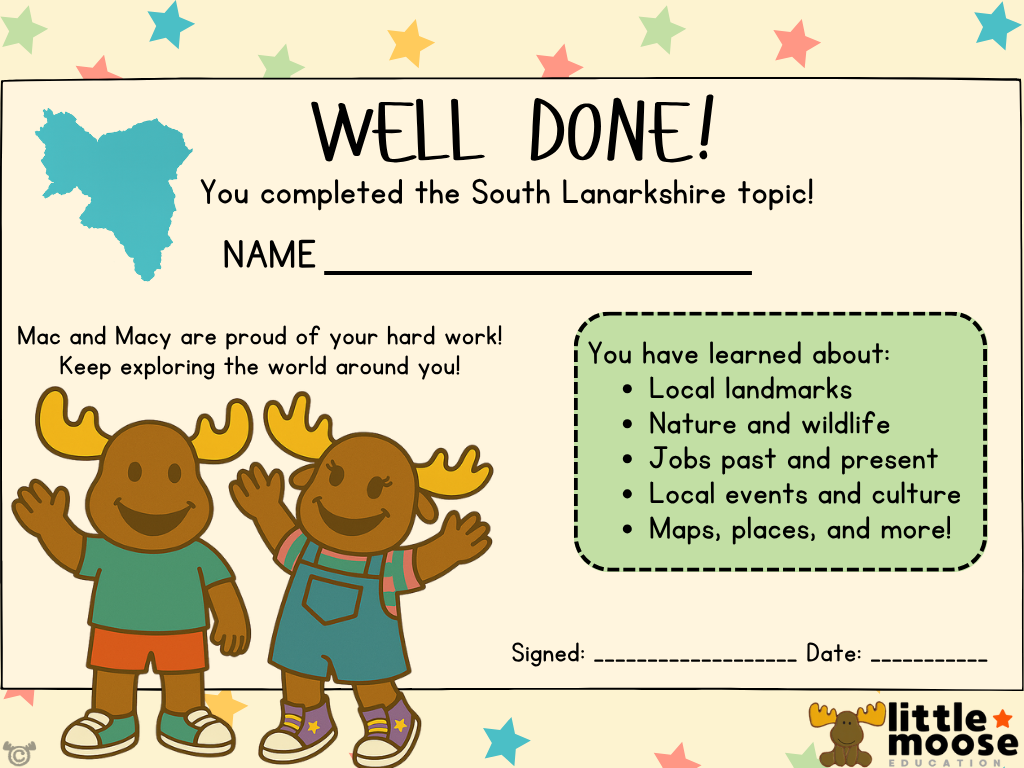 Completion Certificate from My Area – South Lanarkshire Social Studies pack, First Level