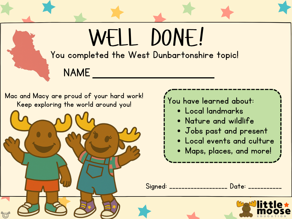 Completion certificate from My Area – West Dunbartonshire Social Studies pack, First Level