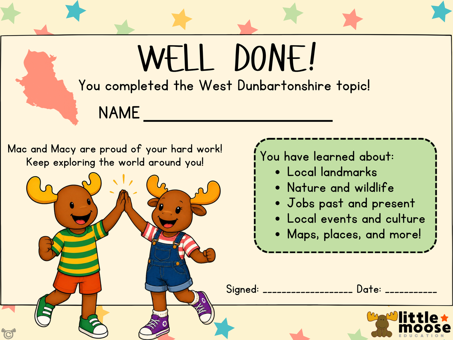 Completion certificate from My Area – West Dunbartonshire Social Studies pack, First Level