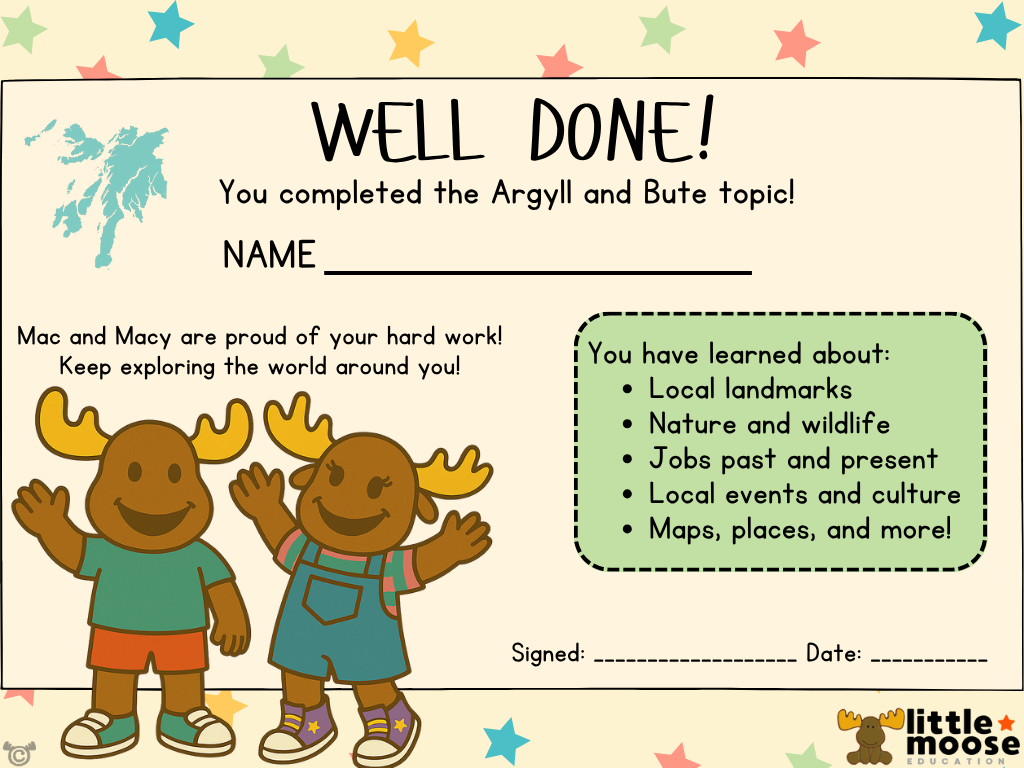 Completion certificate from My Area – Argyll and Bute Social Studies pack, First Level