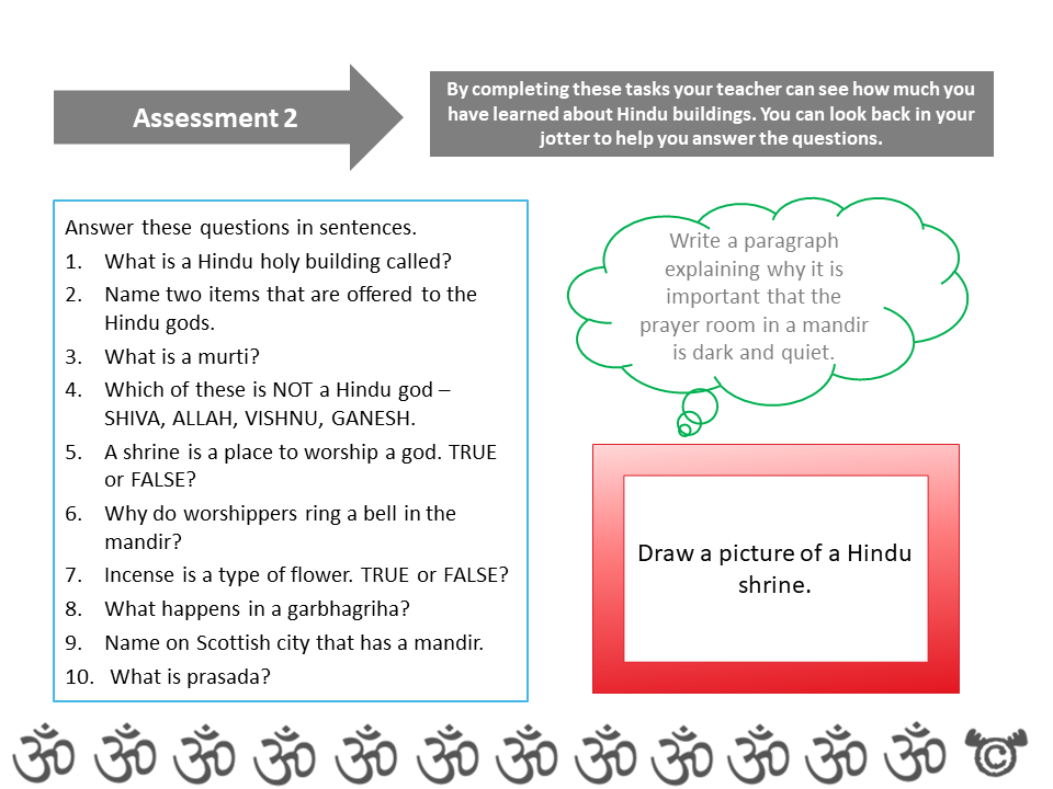 Assessment task from Discovering Hinduism RME pack, First Level