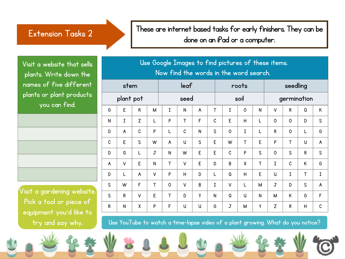 Extension Tasks 2 worksheet with internet-based challenges like visiting gardening websites, finding plant-related images, and completing a word search about plant parts.