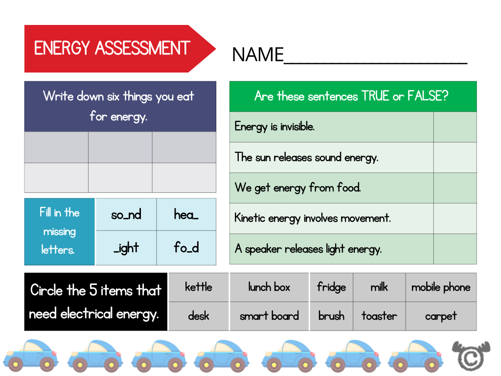 Assessment from Introducing Energy Science pack, Early Level