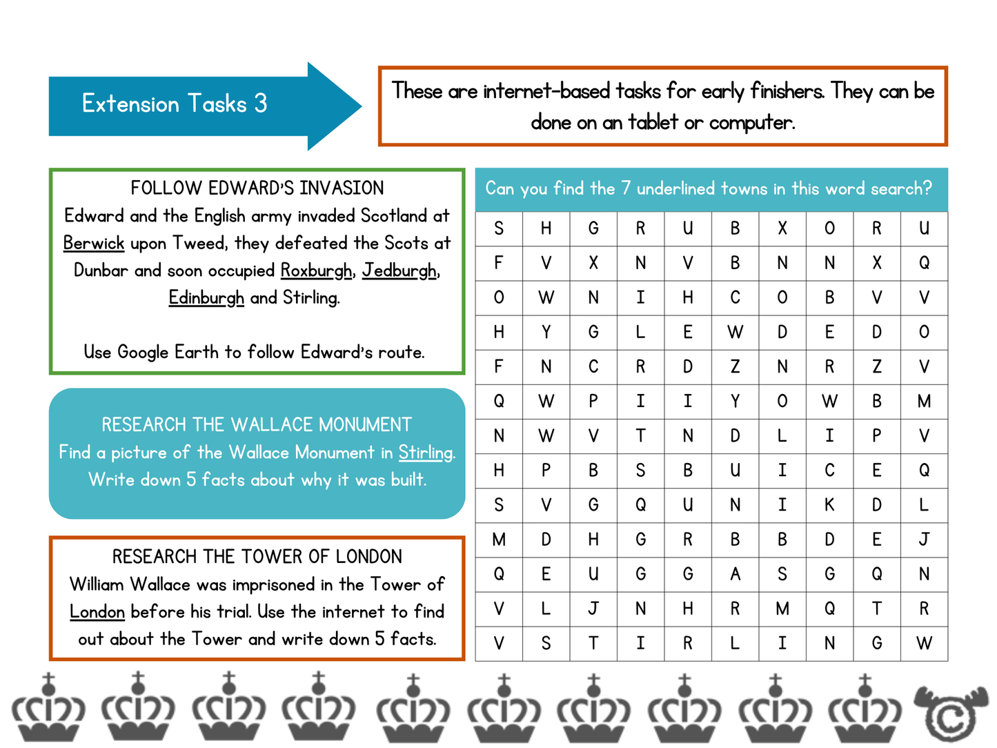 Extension tasks from Scottish Wars of Independence Social Studies pack, Second Level