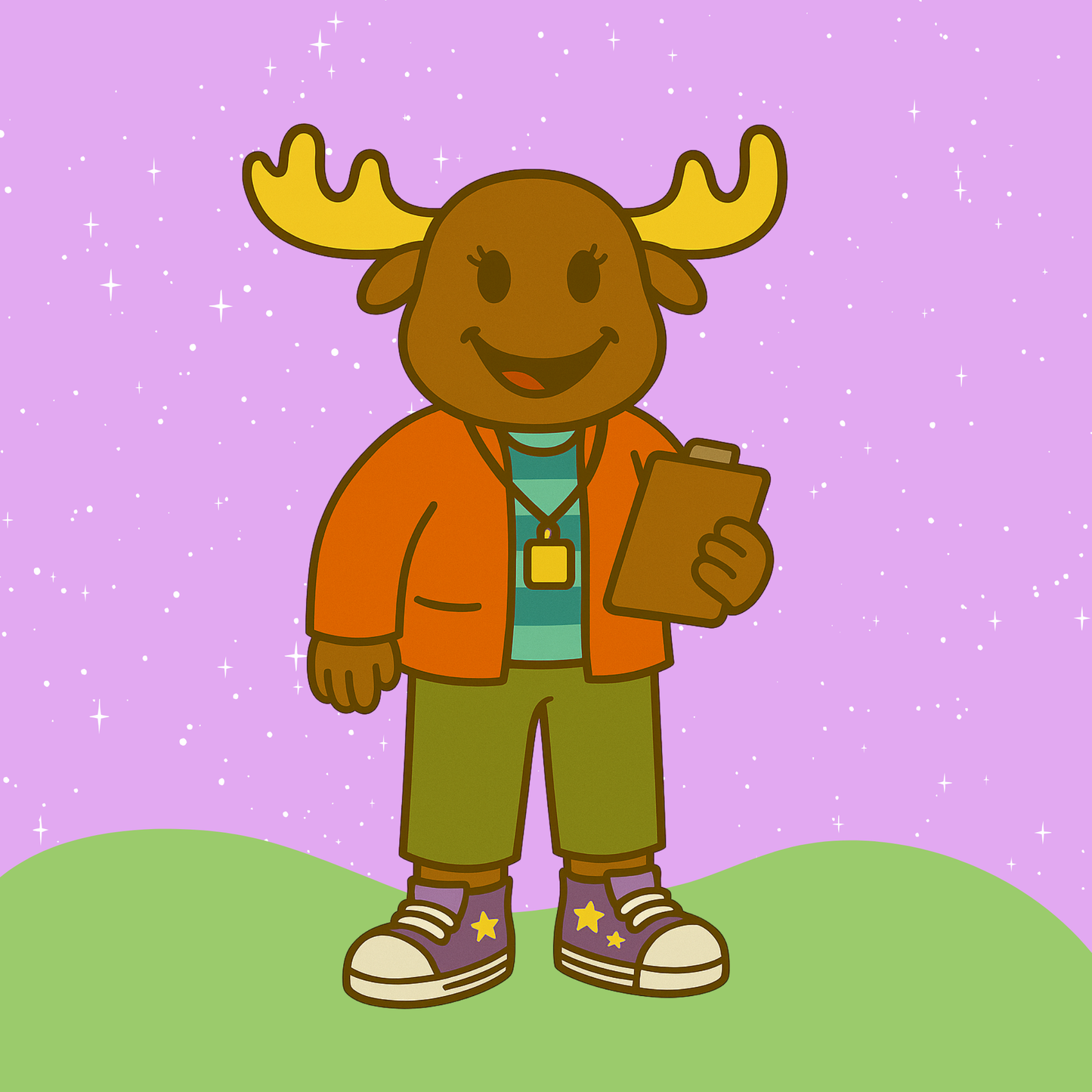 Illustration of a single moose character dressed as a teacher, smiling and holding a clipboard on a pastel background.