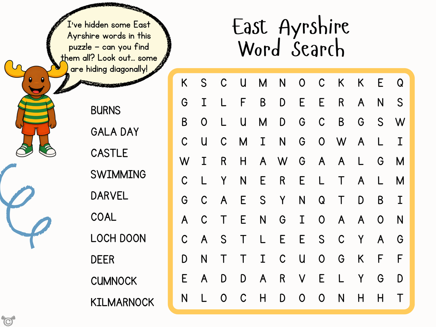 Wordsearch from My Area – East Ayrshire Social Studies pack, First Level