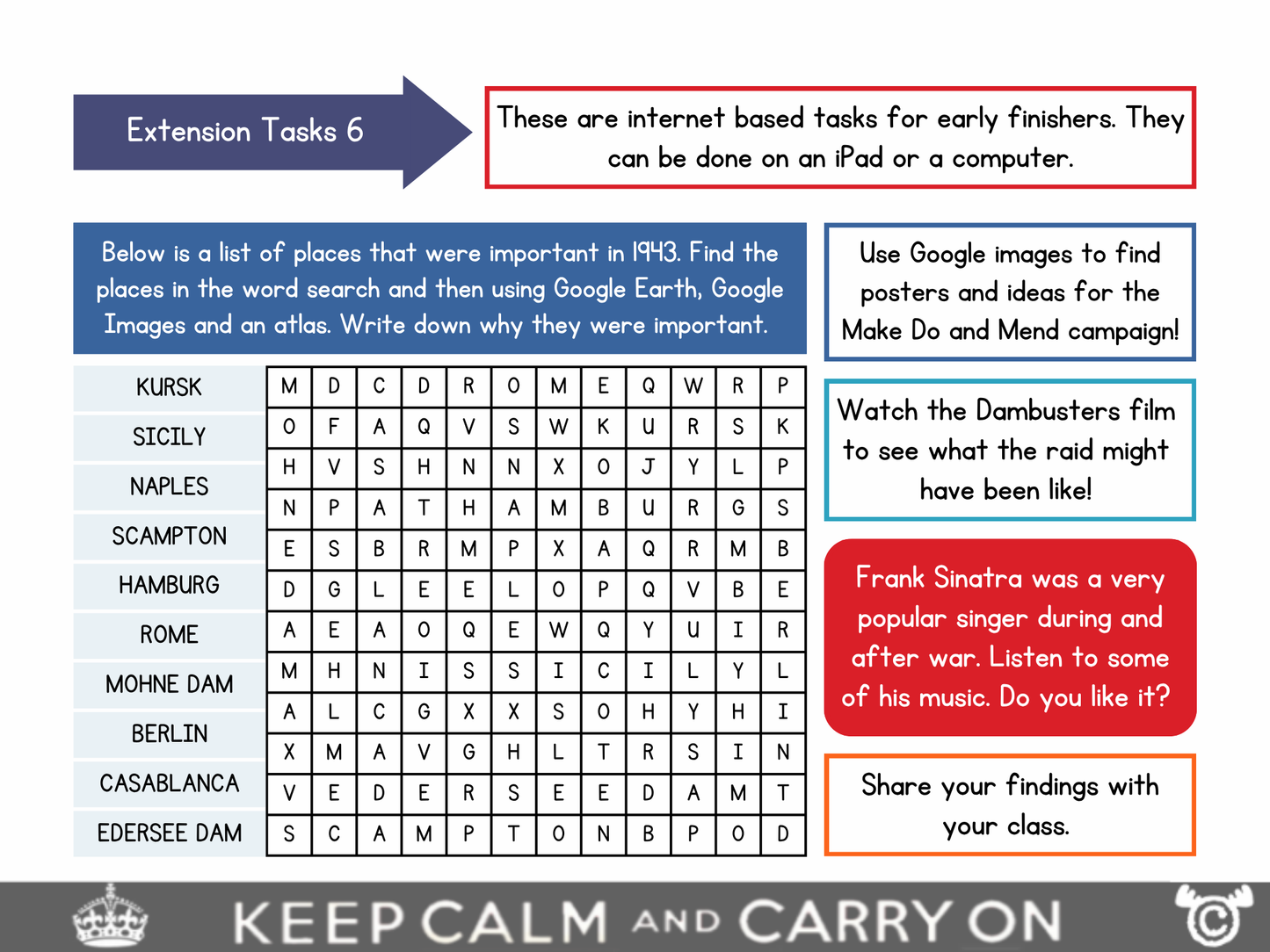 Extension tasks from World War Two Social Studies pack, Second Level
