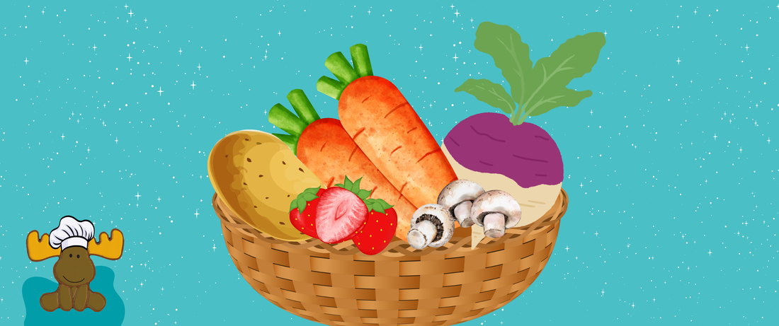 Illustrated basket filled with Scottish produce — carrots, potatoes, turnip, strawberries, and mushrooms — with a smiling moose in a chef’s hat in the corner, on a starry teal background.