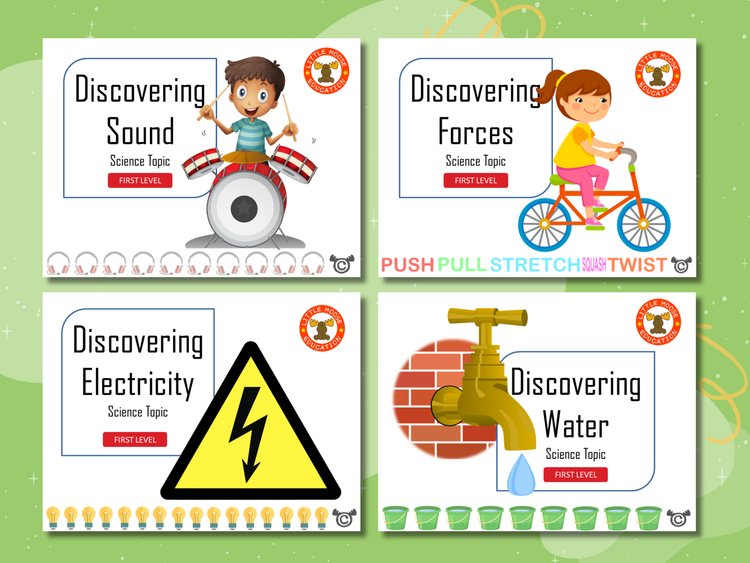 Science First Level digital topic pack collection graphic showing examples of covers such as Discovering Forces, Discovering Plants and Animals, and Discovering Sound, fully aligned with Scotland’s Curriculum for Excellence.