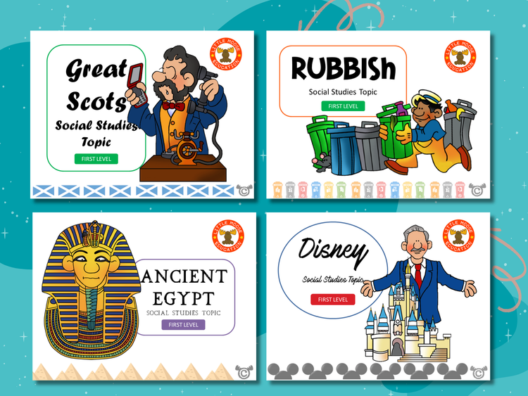 Social Studies First Level digital topic pack collection graphic showing examples of covers such as Ancient Egypt, Great Scots, and Scottish Food, fully aligned with Scotland’s Curriculum for Excellence.