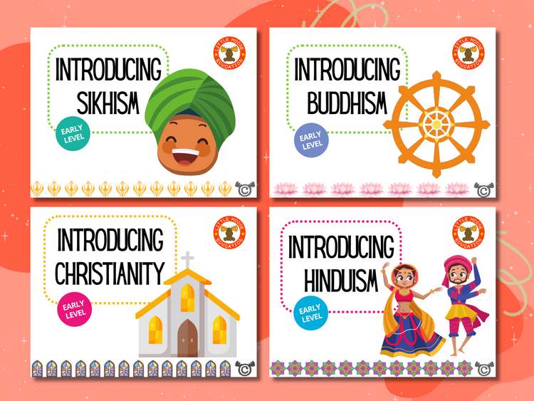 RME Early Level digital topic pack collection graphic showing examples of covers such as Introducing Christianity, Introducing Islam, and Introducing Sikhism, fully aligned with Scotland’s Curriculum for Excellence.