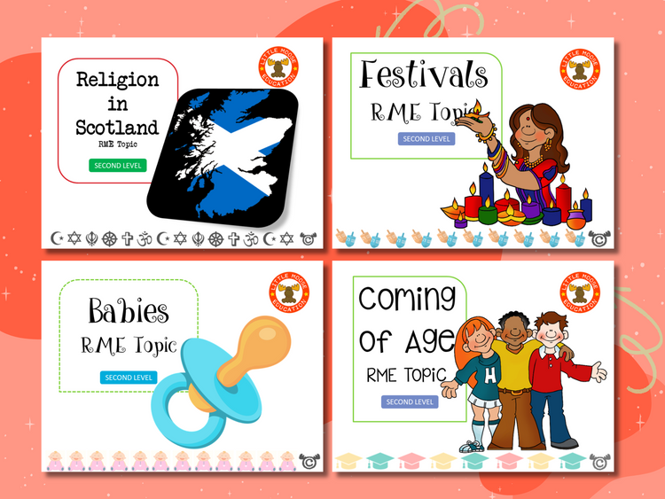 RME Second Level digital topic pack collection graphic showing examples of covers such as Festivals, Pilgrimage, and Weddings, fully aligned with Scotland’s Curriculum for Excellence.