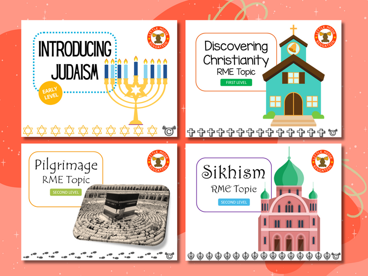 Explore RME digital topic pack collection graphic showing examples of covers such as Christianity, Islam, and Festivals, fully aligned with Scotland’s Curriculum for Excellence.