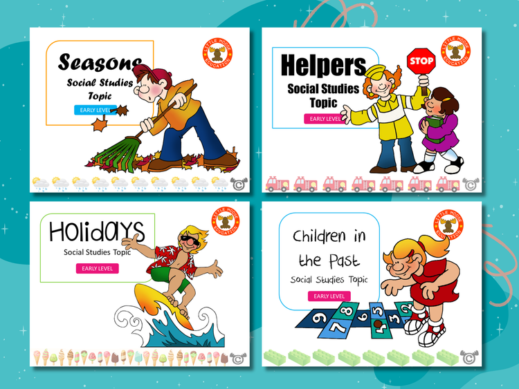 Social Studies Early Level digital topic pack collection graphic showing examples of covers such as Children in the Past, Helpers, and Seasons, fully aligned with Scotland’s Curriculum for Excellence.