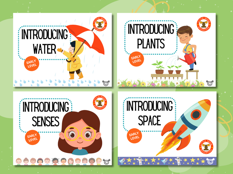 Science Early Level digital topic pack collection graphic showing examples of covers such as Introducing Animals, Introducing Space, and Introducing Electricity, fully aligned with Scotland’s Curriculum for Excellence.