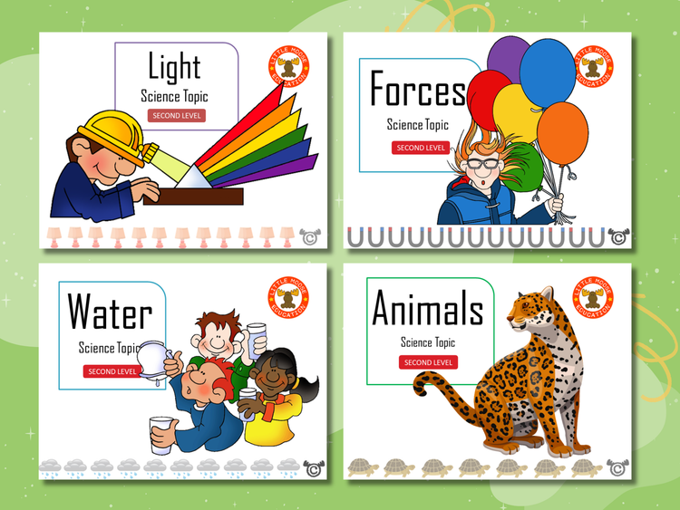 Science Second Level digital topic pack collection graphic showing examples of covers such as Water, Light, and Energy, fully aligned with Scotland’s Curriculum for Excellence.