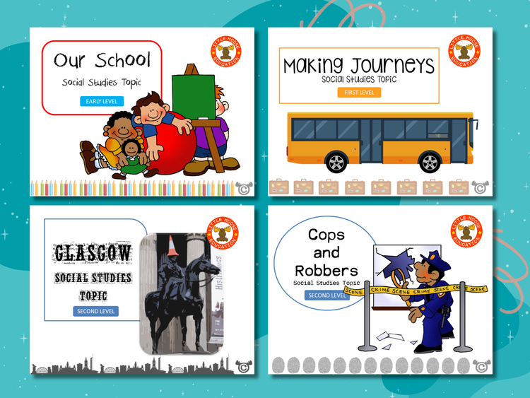 Explore Social Studies digital topic pack collection graphic showing examples of covers such as Ancient Egypt, Victorians, and Great Scots, fully aligned with Scotland’s Curriculum for Excellence.