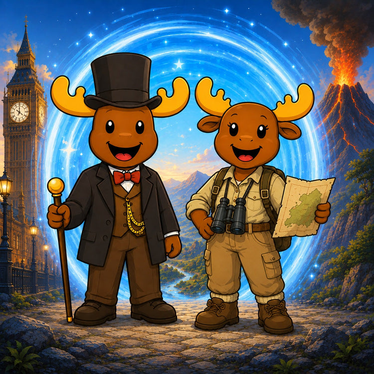 Mac and Macy stand in front of a glowing blue portal. Mac wears Victorian clothes beside a historic clock tower, while Macy wears explorer gear beside a tropical landscape and erupting volcano.