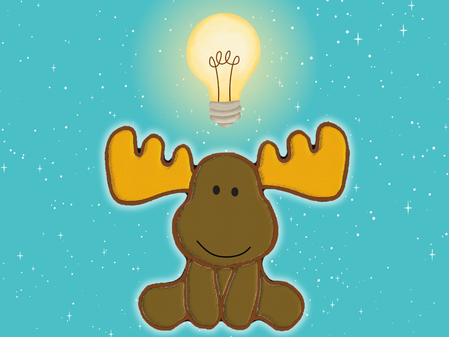 Monty the Moose sitting against a starry blue background with a glowing lightbulb above his head, symbolising new ideas and learning. Transition Collection graphic.