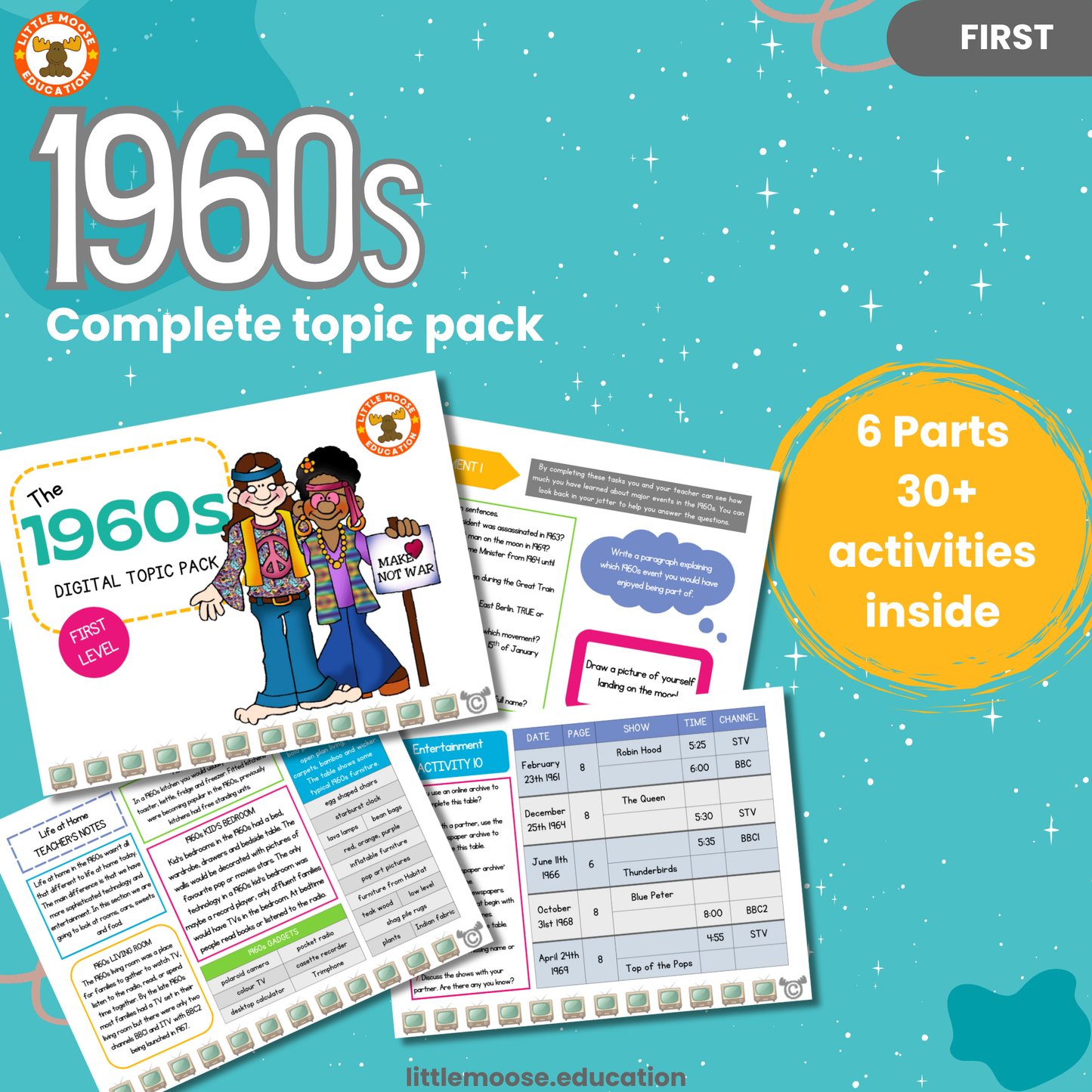 1960s complete digital topic pack for Social Studies at First Level, Curriculum for Excellence history education resource, with illustrated cover design and sample activity pages showing activities, teacher’s notes, assessments, and extension tasks.