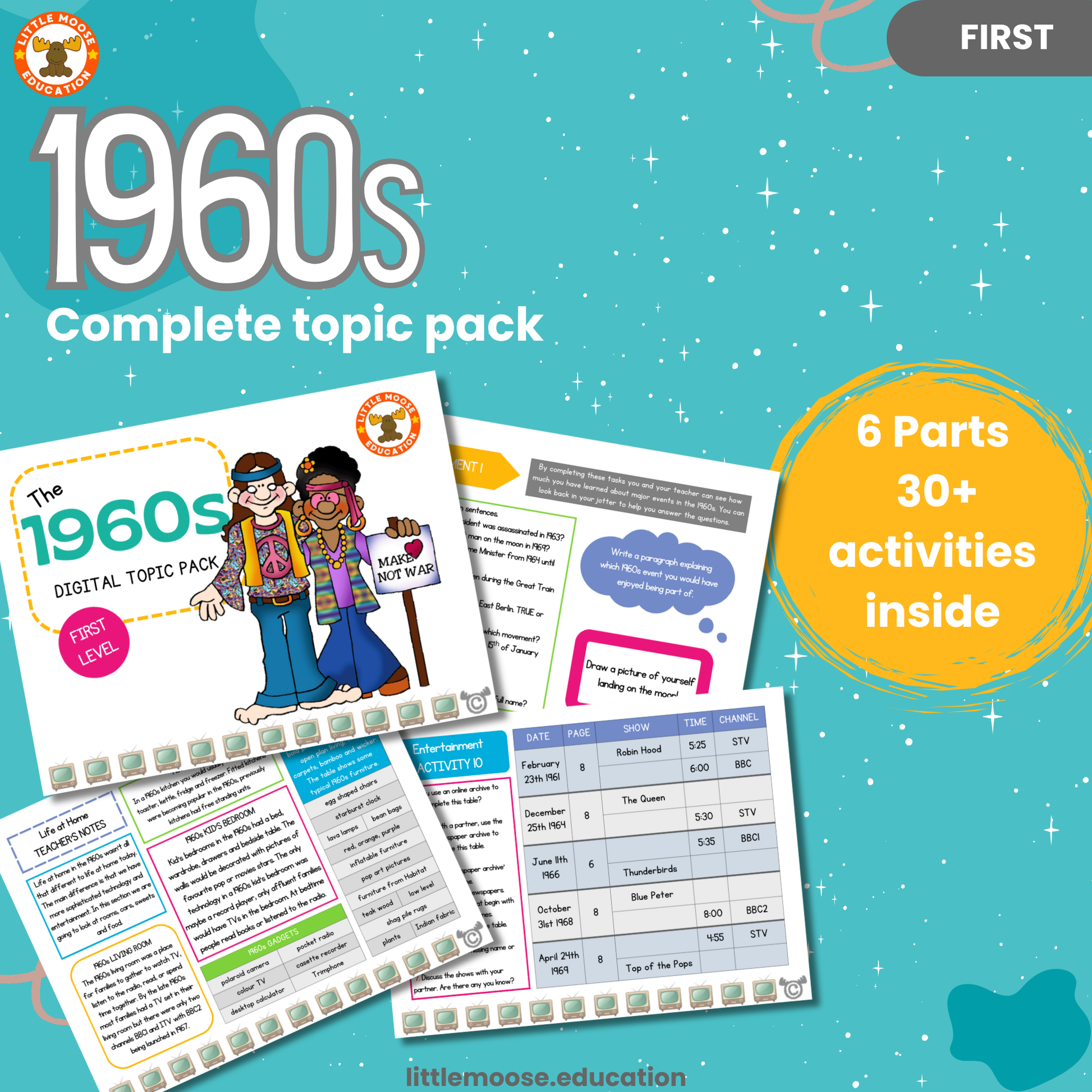 1960s complete digital topic pack for Social Studies at First Level, Curriculum for Excellence history education resource, with illustrated cover design and sample activity pages showing activities, teacher’s notes, assessments, and extension tasks.