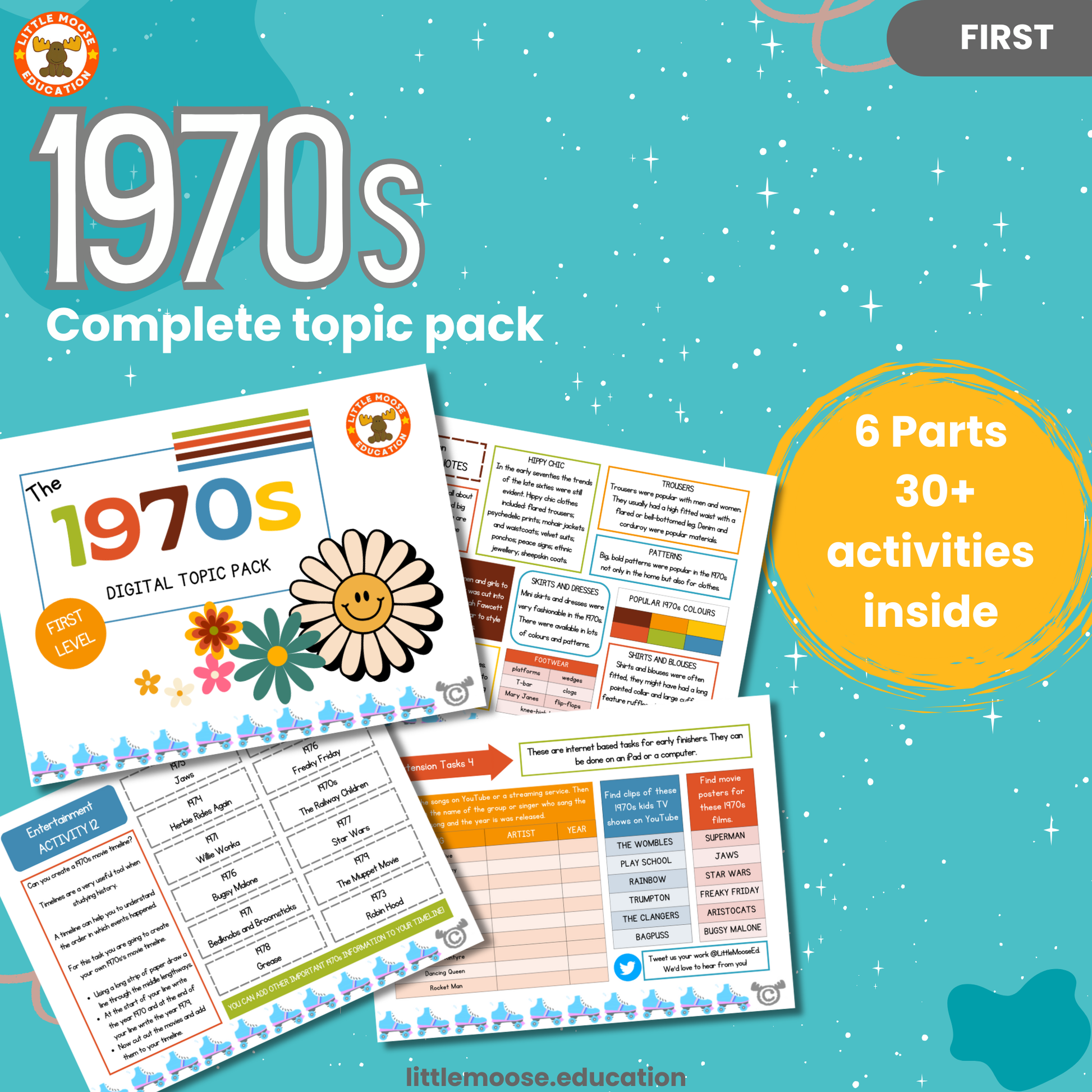 1970s complete digital topic pack for Social Studies at First Level, Curriculum for Excellence, history education resource, with illustrated cover design and sample activity pages showing activities, teacher’s notes, assessments, and extension tasks.