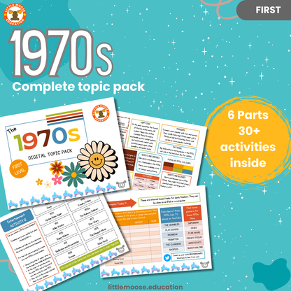 1970s complete digital topic pack for Social Studies at First Level, Curriculum for Excellence, history education resource, with illustrated cover design and sample activity pages showing activities, teacher’s notes, assessments, and extension tasks.