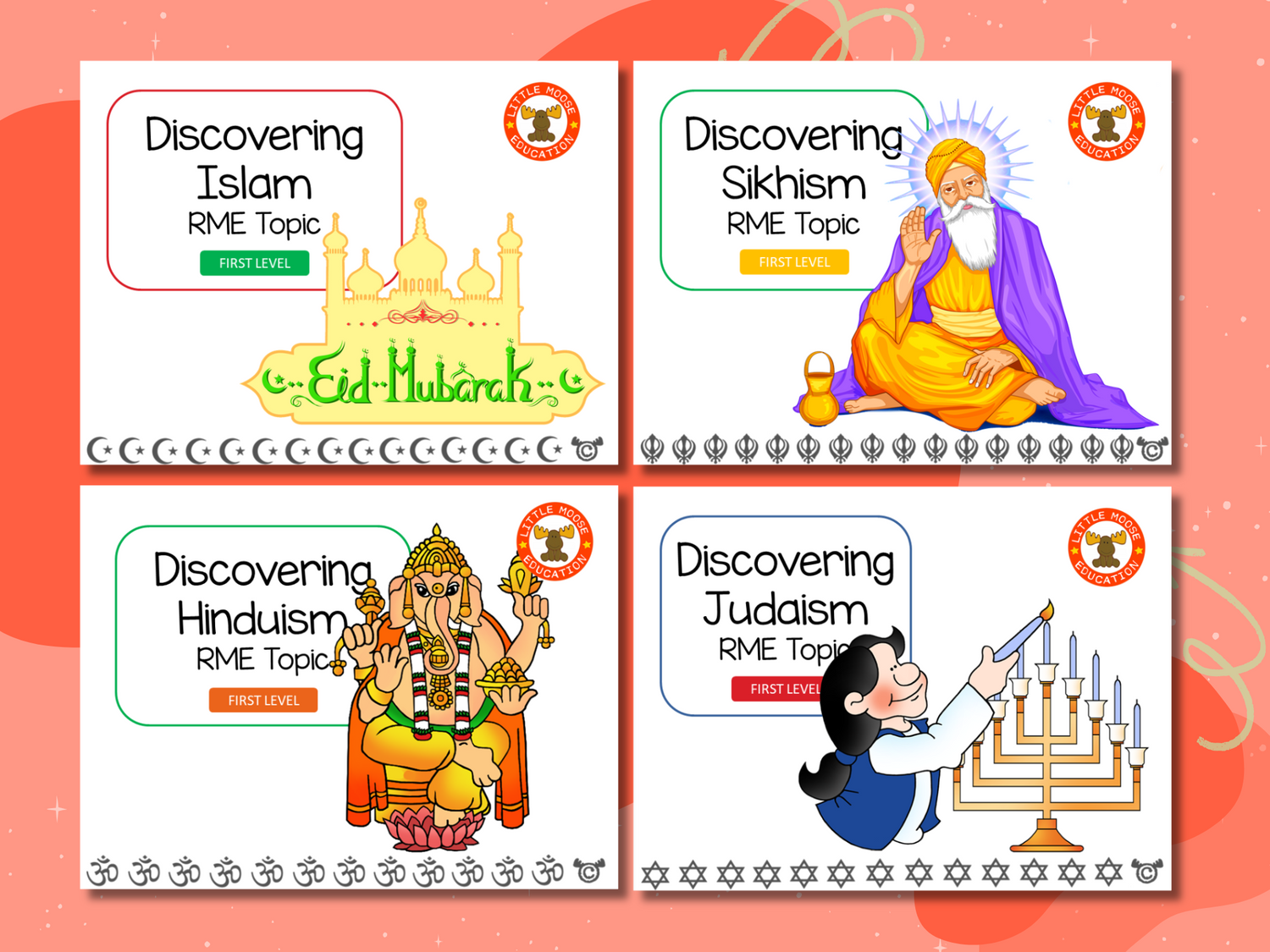RME First Level digital topic pack collection graphic showing examples of covers such as Discovering Christianity, Discovering Islam, and Discovering Sikhism, fully aligned with Scotland’s Curriculum for Excellence.