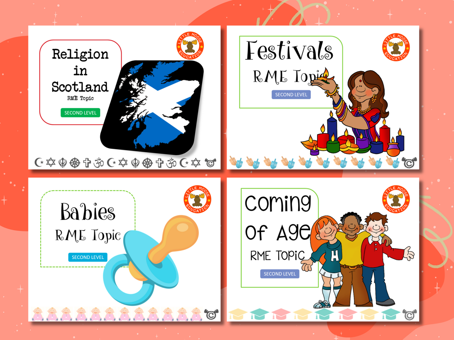 RME Second Level digital topic pack collection graphic showing examples of covers such as Festivals, Pilgrimage, and Weddings, fully aligned with Scotland’s Curriculum for Excellence.