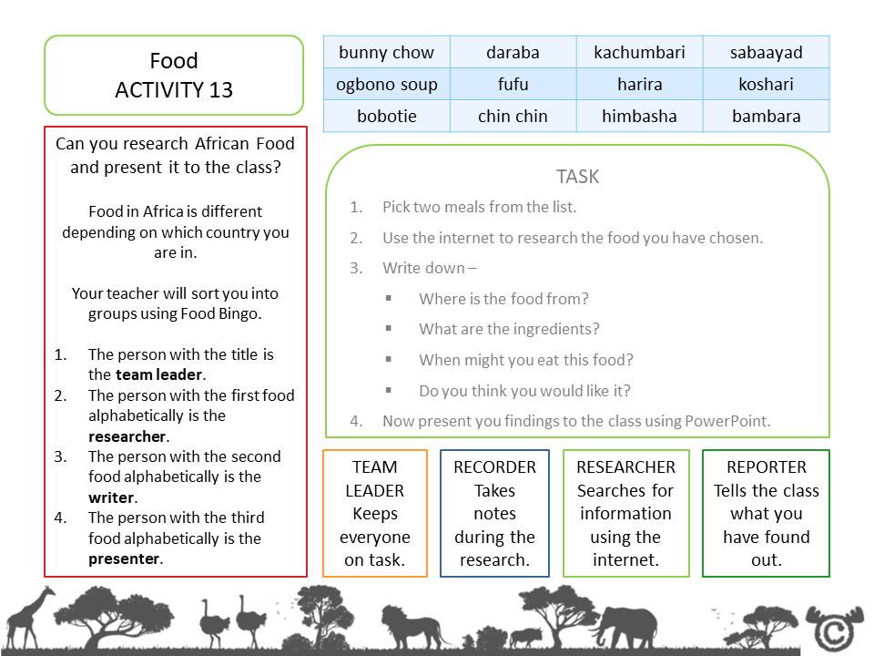 Food research activity from Africa Social Studies pack, Second Level