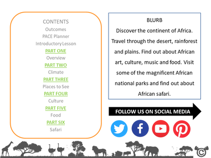 Contents page from Africa Social Studies pack at Second Level