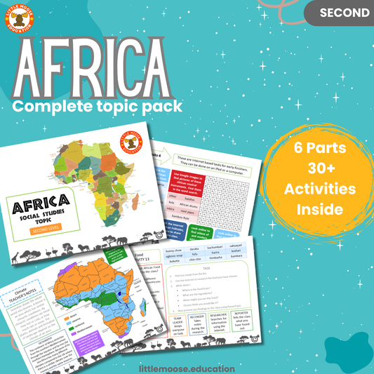 Africa complete digital topic pack for Social Studies at Second Level, Curriculum for Excellence geography and culture education resource, with illustrated cover design and sample activity pages showing activities, teacher’s notes, assessments, and extension tasks.