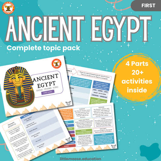 Ancient Egypt complete digital topic pack for Social Studies at First Level, Curriculum for Excellence history education resource, with illustrated cover design and sample activity pages showing activities, teacher’s notes, assessments, and extension tasks.