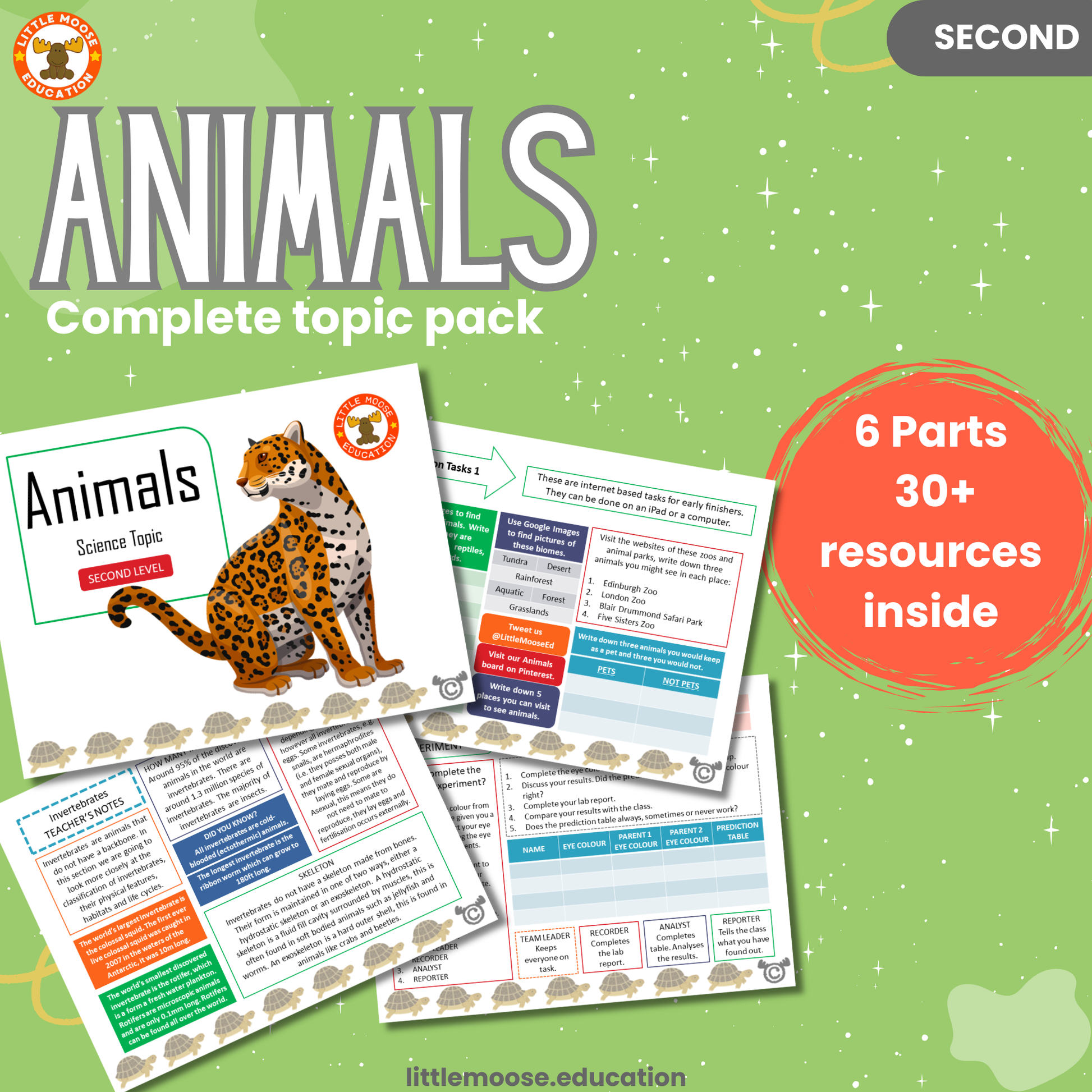 Animals complete digital topic pack for Science at Second Level, Curriculum for Excellence biology and STEM education resource, with illustrated cover design and sample activity pages showing experiments, activities, teacher’s notes, assessments, extension tasks, and outcomes.