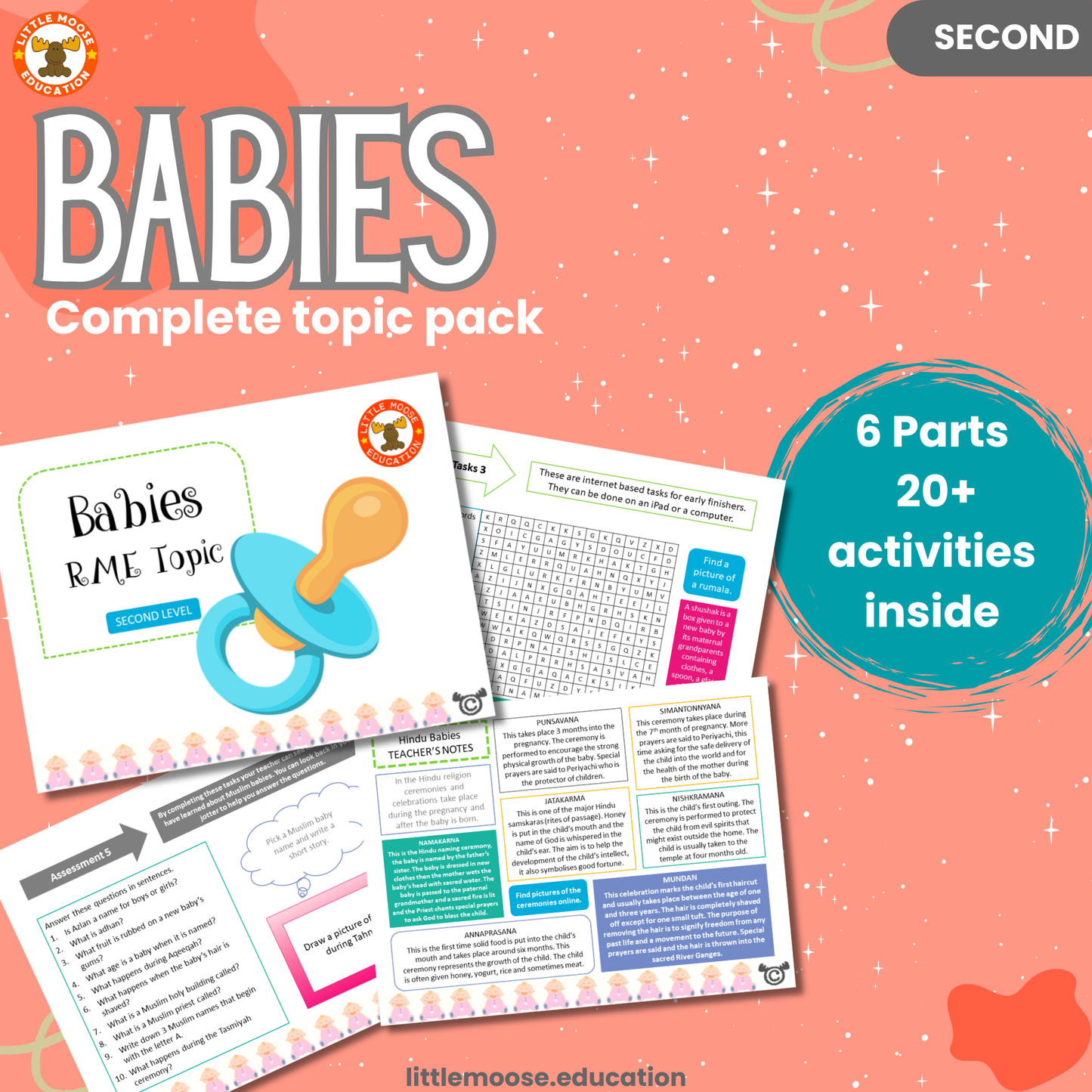 Babies complete digital topic pack for RME at Second Level, Curriculum for Excellence religion education resource, with illustrated cover design and sample activity pages showing activities, stories, teacher’s notes, assessments, extension tasks, and outcomes.