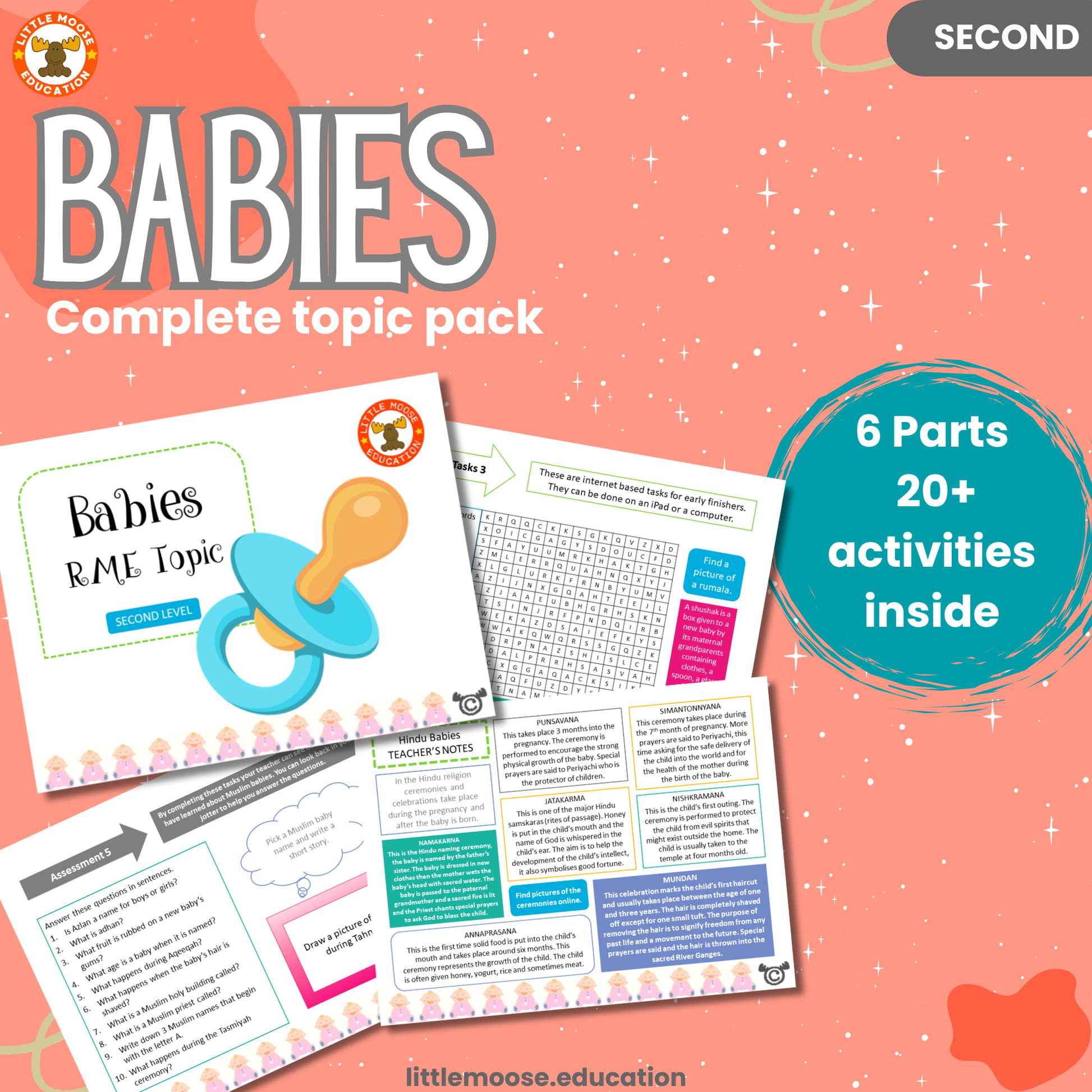 Babies complete digital topic pack for RME at Second Level, Curriculum for Excellence religion education resource, with illustrated cover design and sample activity pages showing activities, stories, teacher’s notes, assessments, extension tasks, and outcomes.