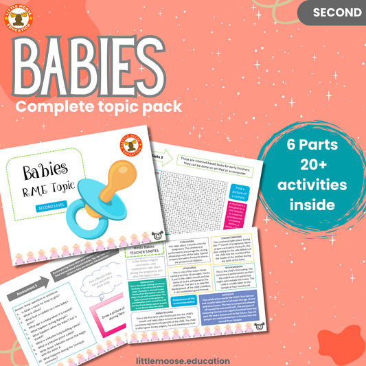 Babies complete digital topic pack for RME at Second Level, Curriculum for Excellence religion education resource, with illustrated cover design and sample activity pages showing activities, stories, teacher’s notes, assessments, extension tasks, and outcomes.