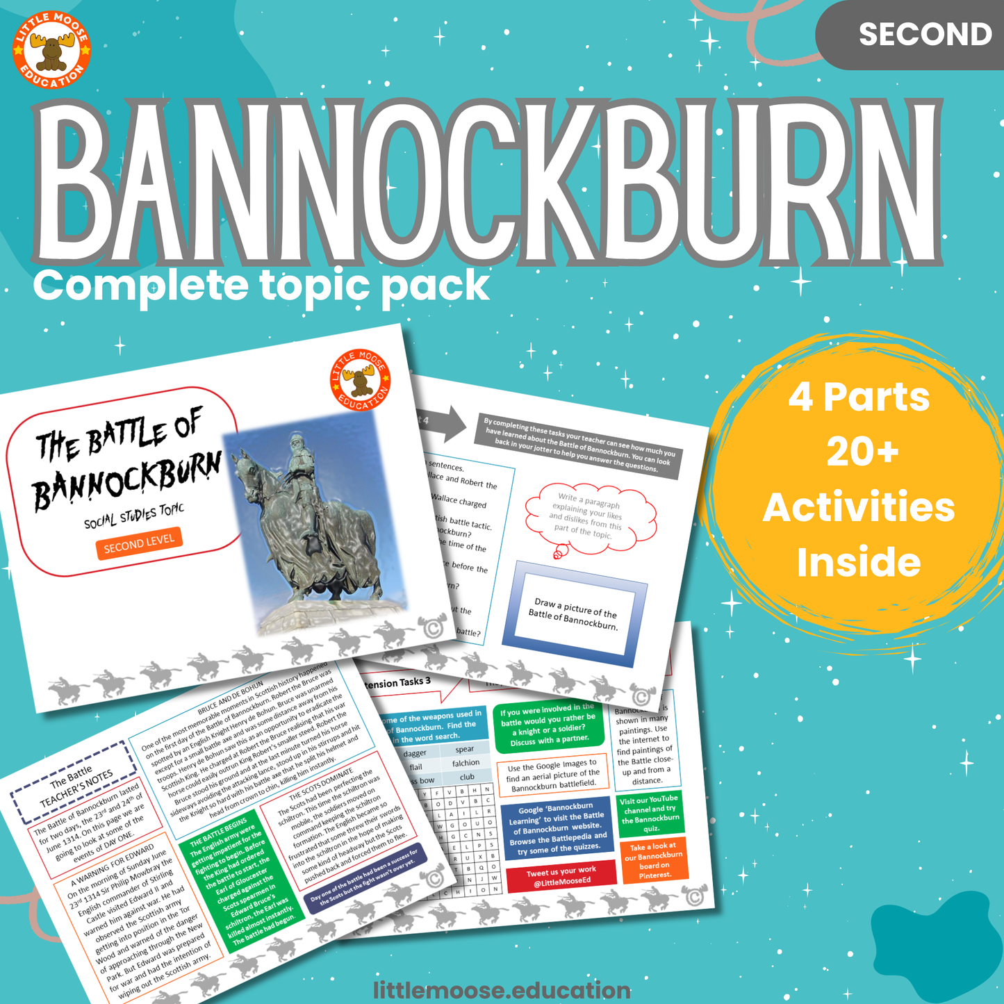Bannockburn complete digital topic pack for Social Studies at Second Level, Curriculum for Excellence history education resource, with illustrated cover design and sample activity pages showing activities, teacher’s notes, assessments, and extension tasks.