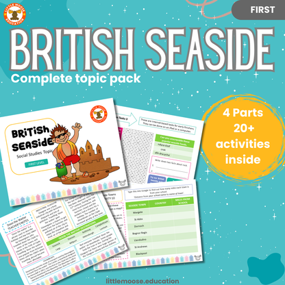 British Seaside complete digital topic pack for Social Studies at First Level, Curriculum for Excellence, history and culture education resource, with illustrated cover design and sample activity pages showing activities, teacher’s notes, assessments, and extension tasks.