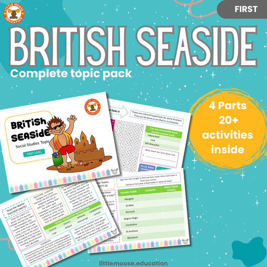 British Seaside complete digital topic pack for Social Studies at First Level, Curriculum for Excellence, history and culture education resource, with illustrated cover design and sample activity pages showing activities, teacher’s notes, assessments, and extension tasks.
