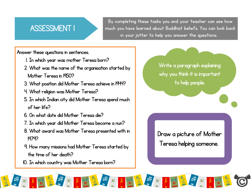 Assessment task from Buddhism RME pack, Second Level