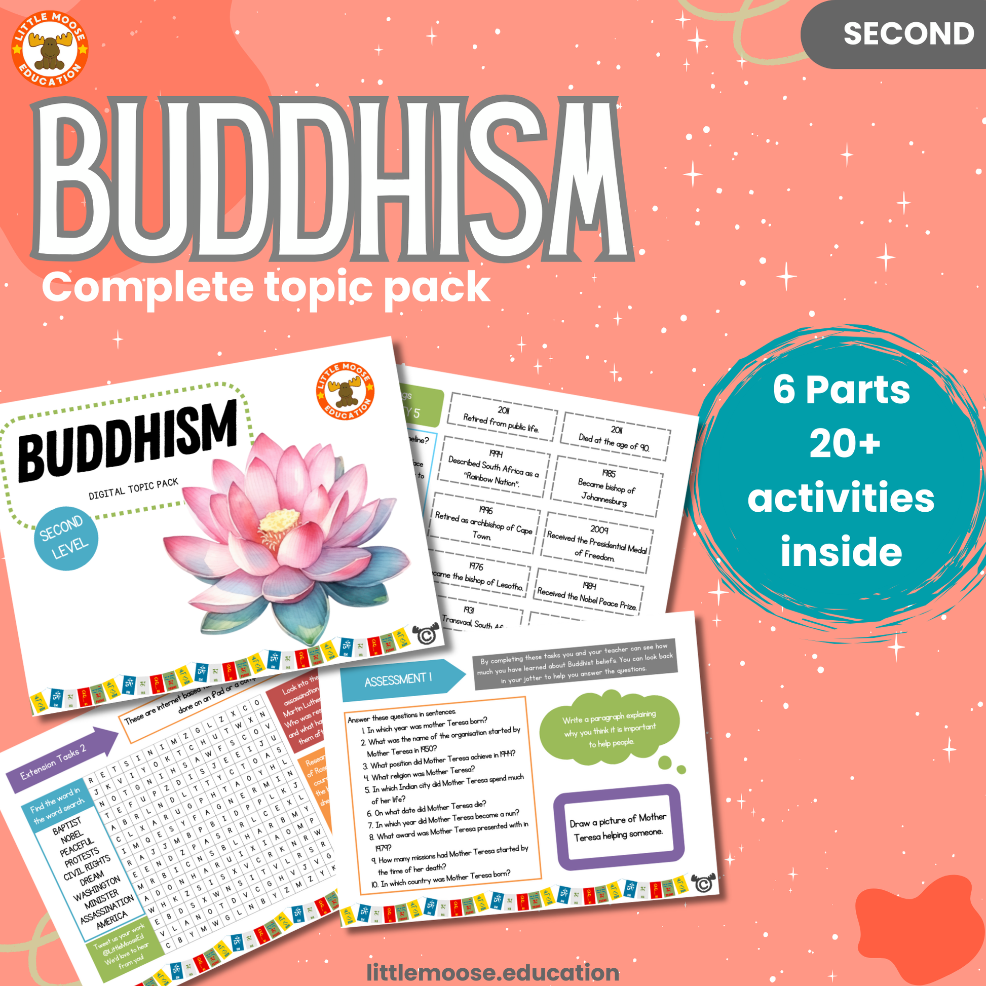 Buddhism complete digital topic pack for RME at Second Level, Curriculum for Excellence religion education resource, with illustrated cover design and sample activity pages showing activities, stories, teacher’s notes, assessments, extension tasks, and outcomes.