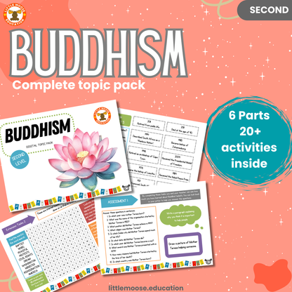 Buddhism complete digital topic pack for RME at Second Level, Curriculum for Excellence religion education resource, with illustrated cover design and sample activity pages showing activities, stories, teacher’s notes, assessments, extension tasks, and outcomes.