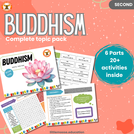 Buddhism complete digital topic pack for RME at Second Level, Curriculum for Excellence religion education resource, with illustrated cover design and sample activity pages showing activities, stories, teacher’s notes, assessments, extension tasks, and outcomes.