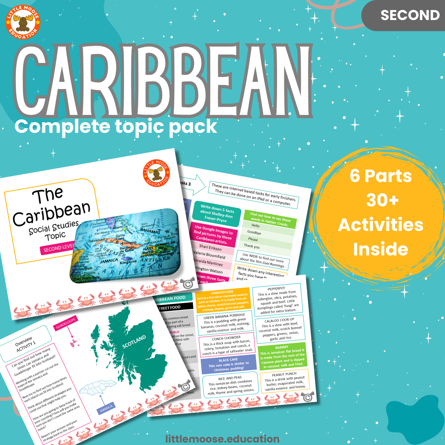 World War Two complete digital topic pack for Social Studies at Second Level, Curriculum for Excellence geography education resource, with illustrated cover design and sample activity pages showing activities, teacher’s notes, assessments, and extension tasks.