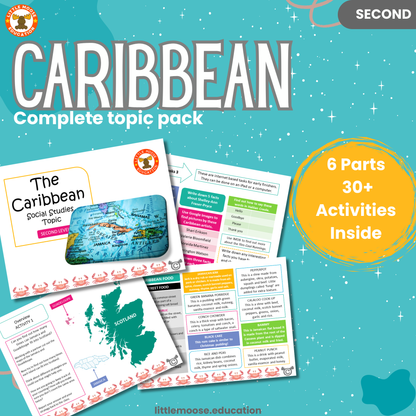 World War Two complete digital topic pack for Social Studies at Second Level, Curriculum for Excellence geography education resource, with illustrated cover design and sample activity pages showing activities, teacher’s notes, assessments, and extension tasks.