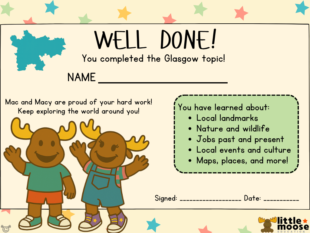 Completion certificate from My Area – Glasgow Social Studies pack, First Level